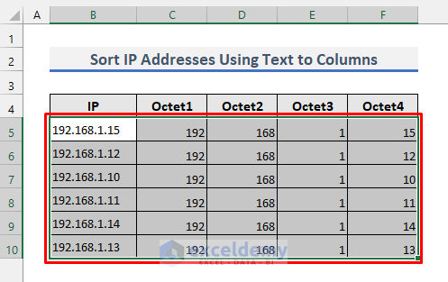 data selection to sort ip address using text to columns wizard