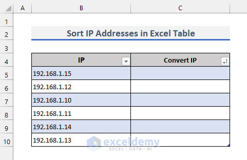 excel table to sort ip address