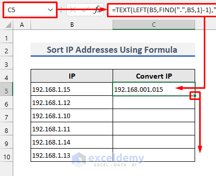 enter formula to sort ip address