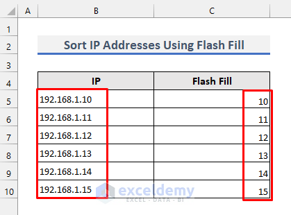 ip address sorted using flash fill