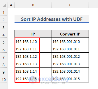 ip address sorted using UDF in excel