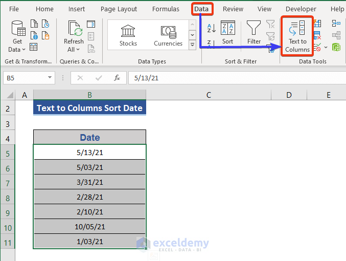 Apply Text to Columns Feature to Sort Date in Excel