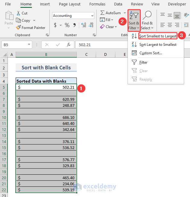 Sort data with blank cells