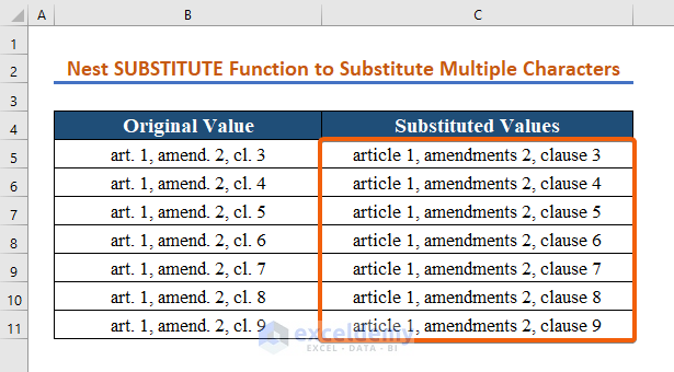 Nest the SUBSTITUTE Function to Substitute Multiple Characters