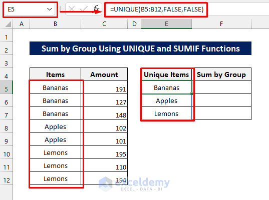 entering formula of UNIQUE function to sum by group