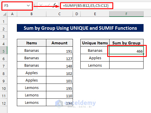 using SUMIF function to sum by group