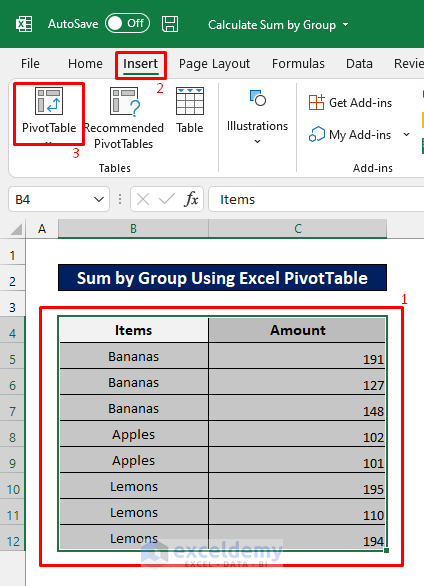 dataset selection to create PivotTable