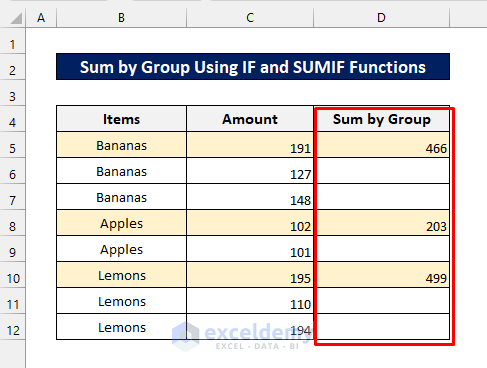 result for sum by group using IF & SUMIF