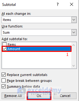 subtotal dialog box to sum by group
