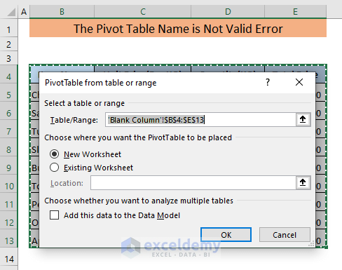 the pivot table name is not valid