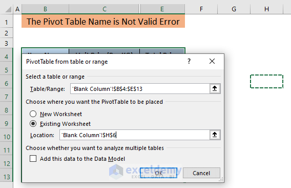 the pivot table name is not valid