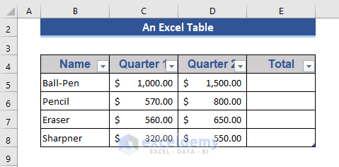 Different Types of Excel Tables