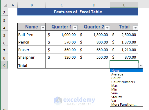 Excel general tables type