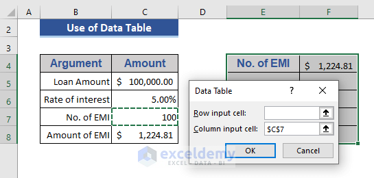 Excel Data tables type
