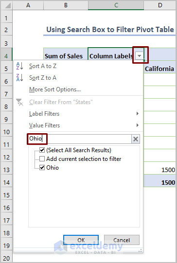 Using Search Box to Filter Excel Pivot Table