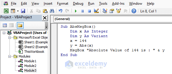 Calculate the Absolute Value for a Positive Number in a Message Box Using the Abs Function in Excel VBA