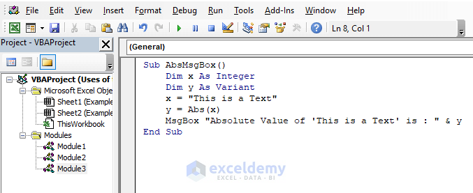 Get the Absolute Value of Text String in a Message Box Using the Abs Function in Excel VBA