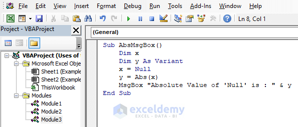 Return the Absolute Value for a Null Value in a Message Box Using the Abs Function in Excel VBA