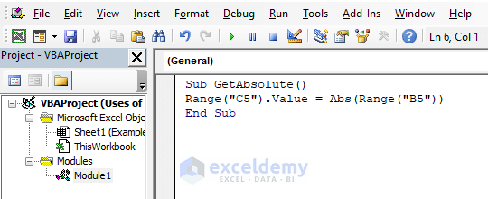 Get the Absolute Value in a Worksheet Cell Using the Abs Function in Excel VBA