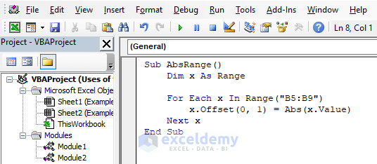 Get the Absolute Values for a Range of Cells Using the Abs Function Excel VBA