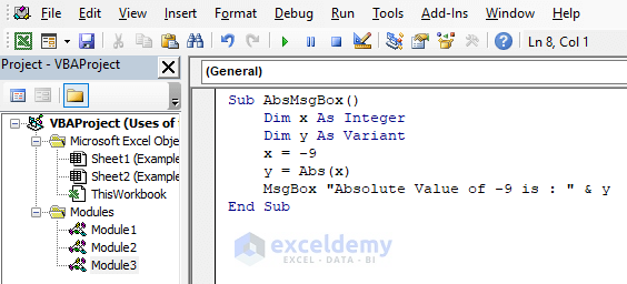 Get the Absolute Value for a Negative Number in a Message Box Using the Abs Function in Excel VBA