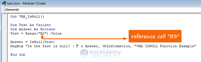 Test a Text Expression “ExcelDemy” in VBA IsNull