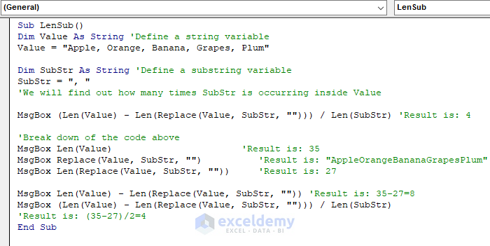 Count Occurance of Substring Using VBA Len Function