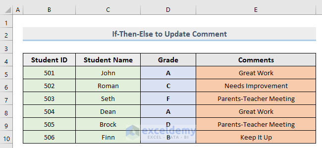 Update the Comment in Student Grade Using Multiple If - Then - Else Statement in VBA