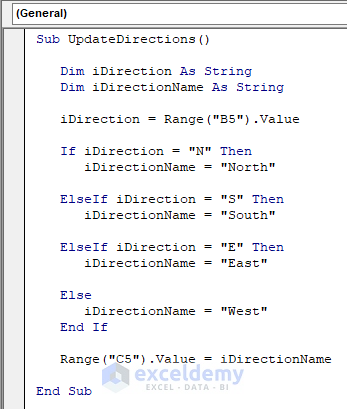 If-Then-Else Statement to Update Single Cardinal Directions Based on Code in Excel VBA