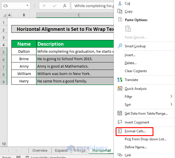 Set Horizontal Alignment to Fix the Wrap Text in Excel