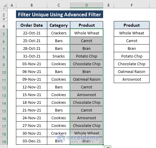 advanced filter result-Excel Filter Unique