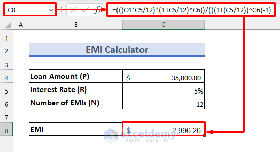 EMI calculation excel sheet made using formula