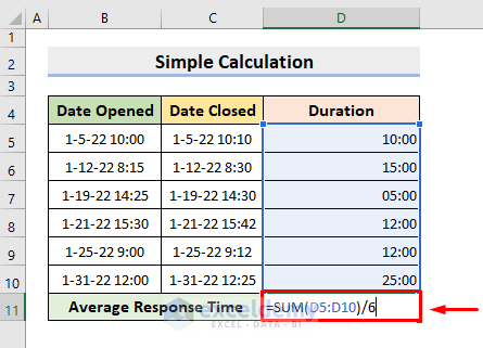 Calculate Average Response Time Manually in Excel