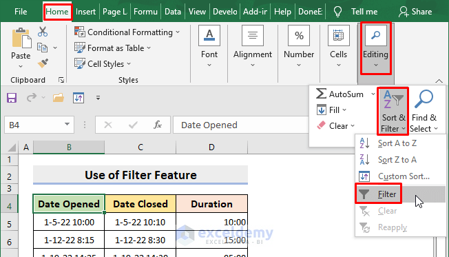 Apply Excel Filter Feature to Calculate Average Response Time