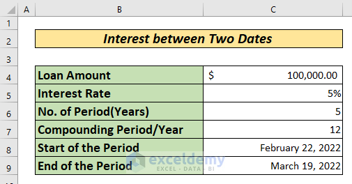 calculate interest between two dates excel
