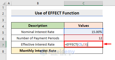 Apply Excel EFFECT Function for Calculating Monthly Interest Rate