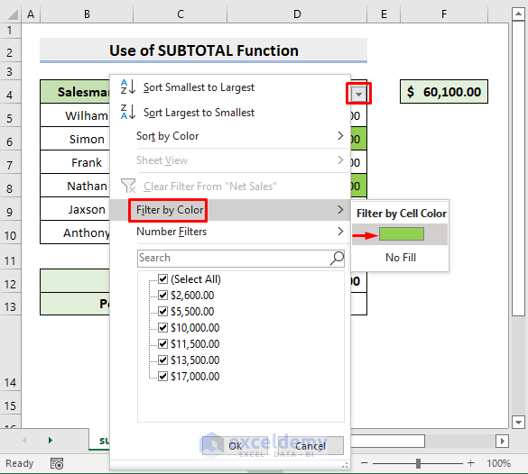 Excel SUBTOTAL Function to Calculate Percentage Based on Cell Color