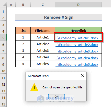 5 Reasons with Solutions of ‘Cannot Open the Specified File’ Error in Excel Hyperlink