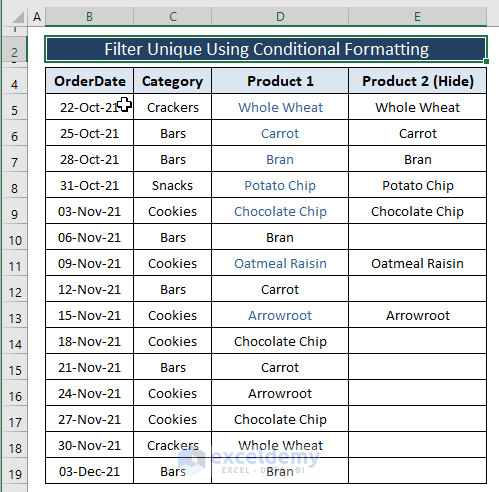 conditional formatting final result-Excel Filter Unique