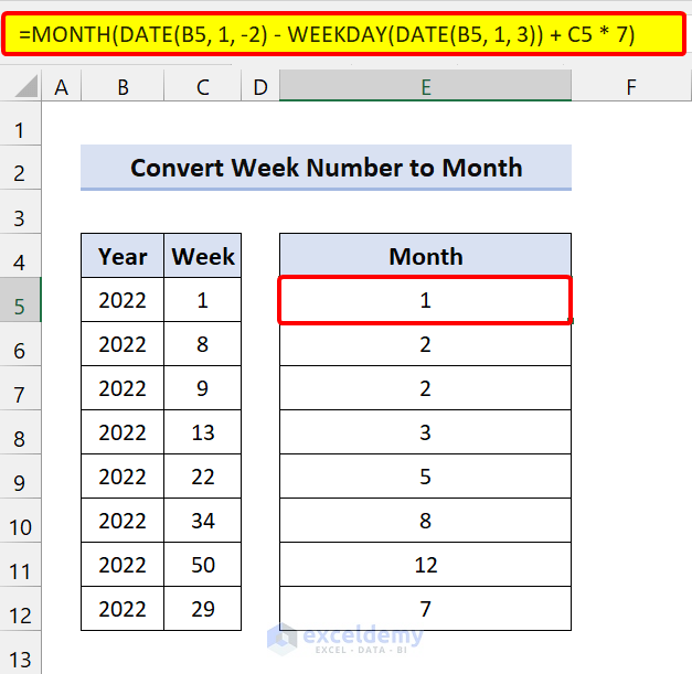 Convert Week Number to Month in Excel