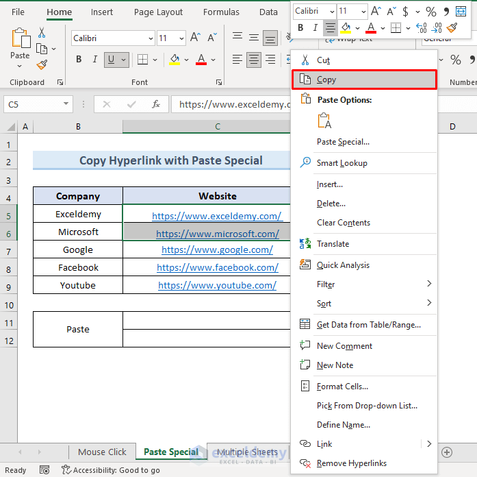 Apply Paste Special Option to Copy Hyperlink in Excel