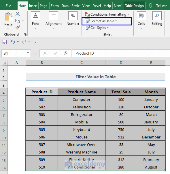 perform custom filter in a table in Excel