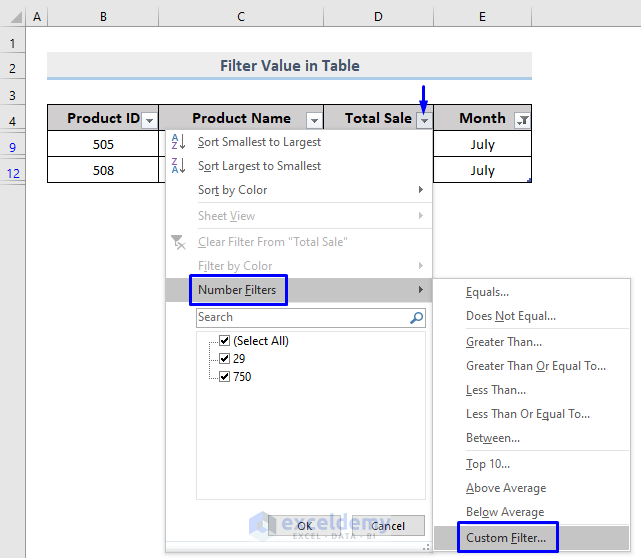 perform custom filter in a table for two columns in Excel