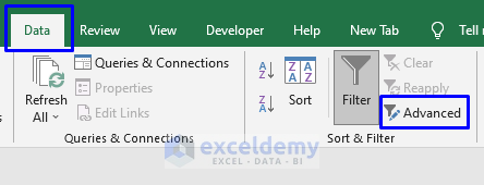 select advanced to perform custom filter in Excel