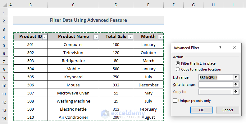 list range to perform custom filter in Excel