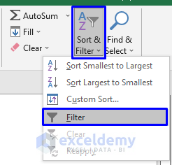 Select Filter to perform custom filter in Excel