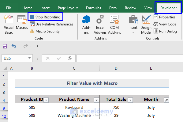 stop recording macro to perform custom filter in Excel
