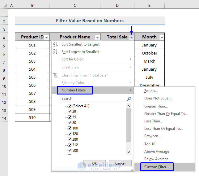 Perform custom filter based on numbers in Excel