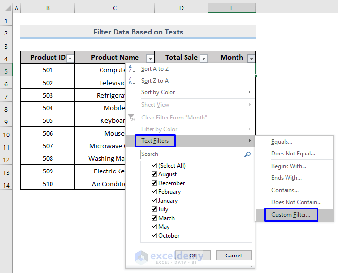 perform custom filter based on texts in Excel
