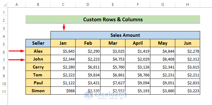 Custom Rows and Columns Freezing with Freeze Panes in Excel
